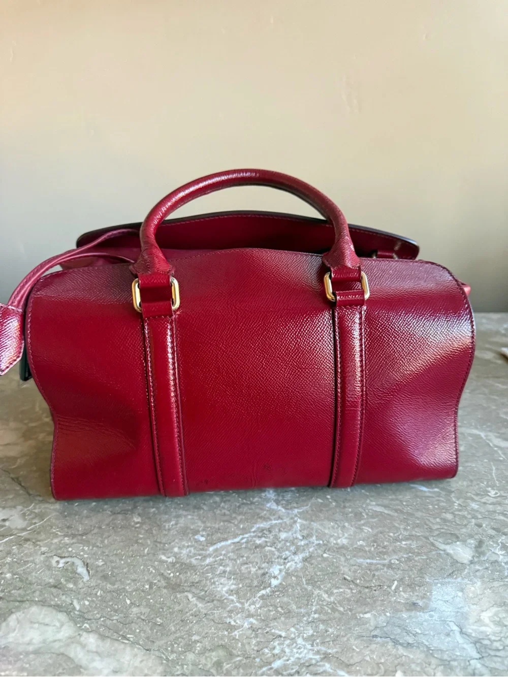 Burberry Burgundy Leather Satchel with Gold Hardware